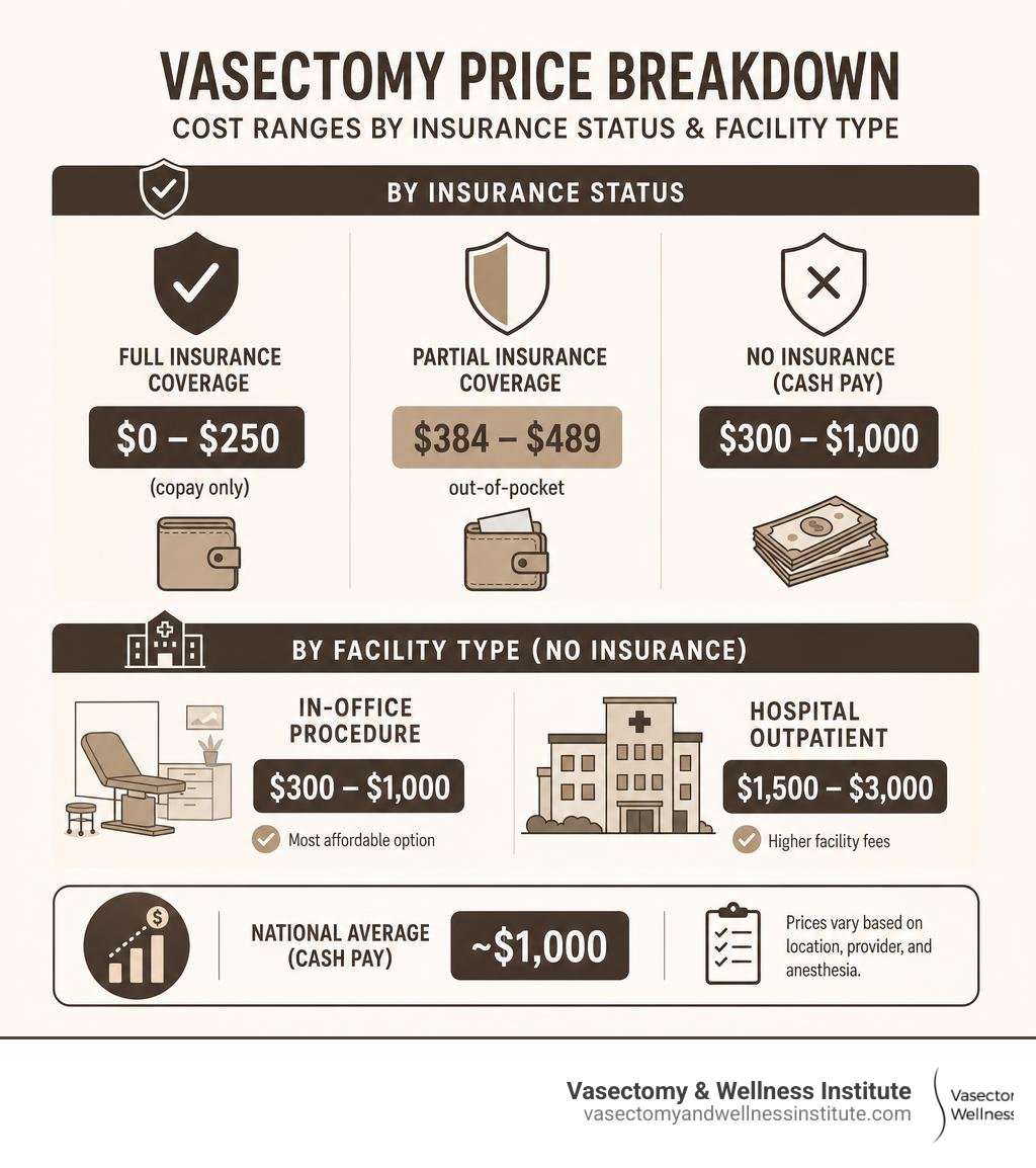 Vasectomy price breakdown infographic showing cost ranges by insurance status and facility type infographic