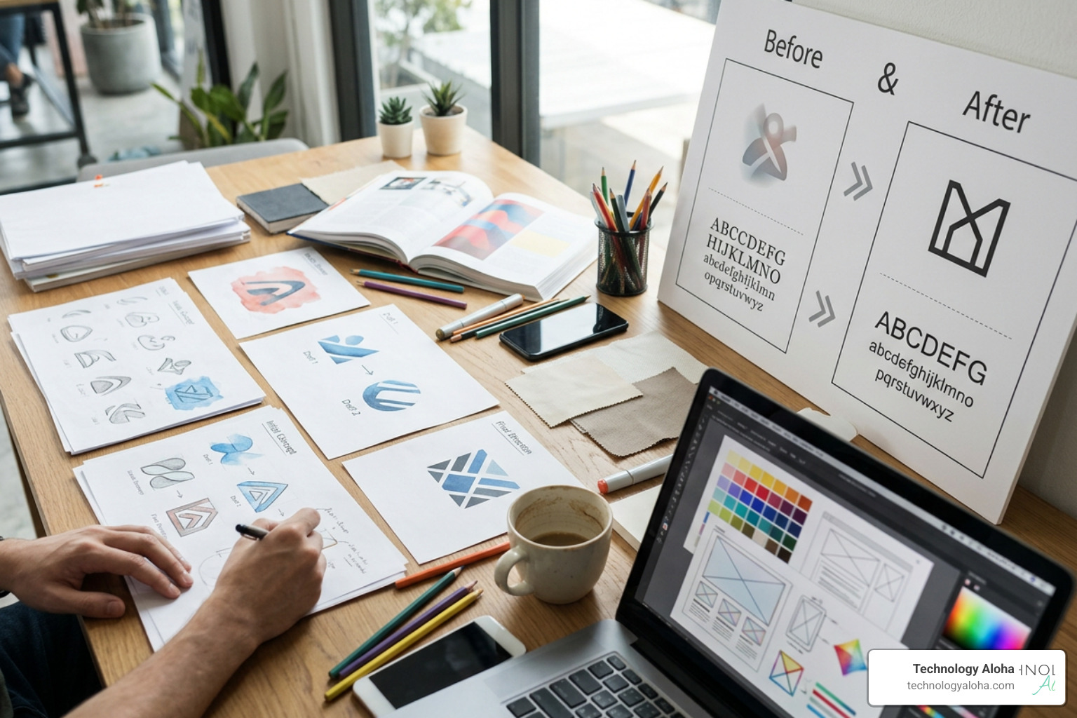 A modern brand refresh process showing the evolution of brand assets A modern brand refresh process showing the evolution of brand assets