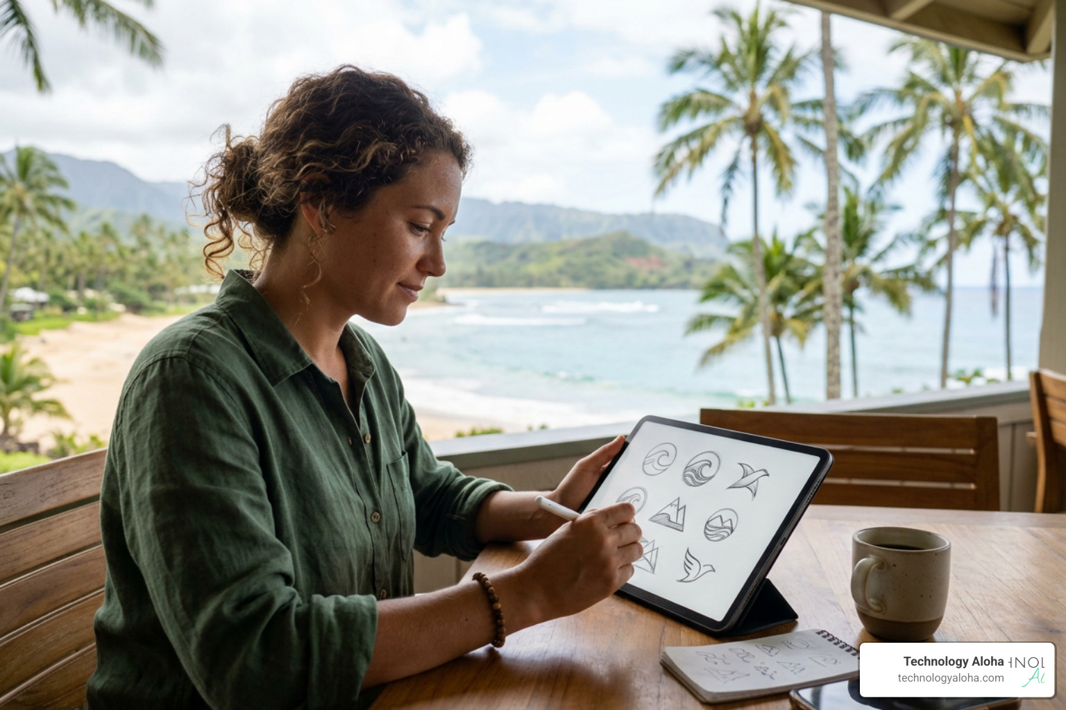 A designer sketching logo concepts on a digital tablet with a tropical Hawaiian beach background A designer sketching logo concepts on a digital tablet with a tropical Hawaiian beach background