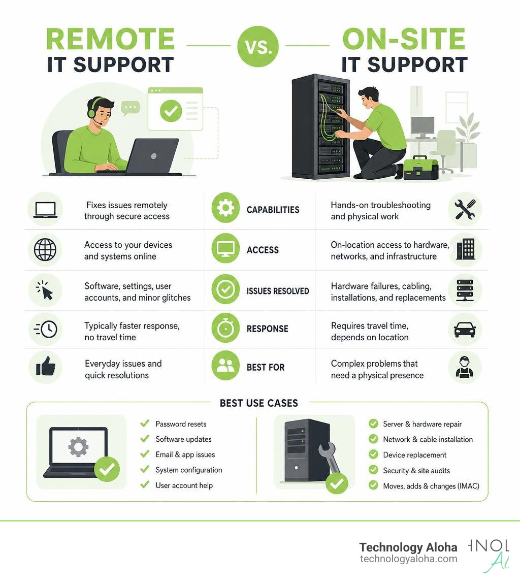 Infographic comparing remote vs on-site IT support showing key differences in capabilities and use cases infographic Infographic comparing remote vs on-site IT support showing key differences in capabilities and use cases infographic