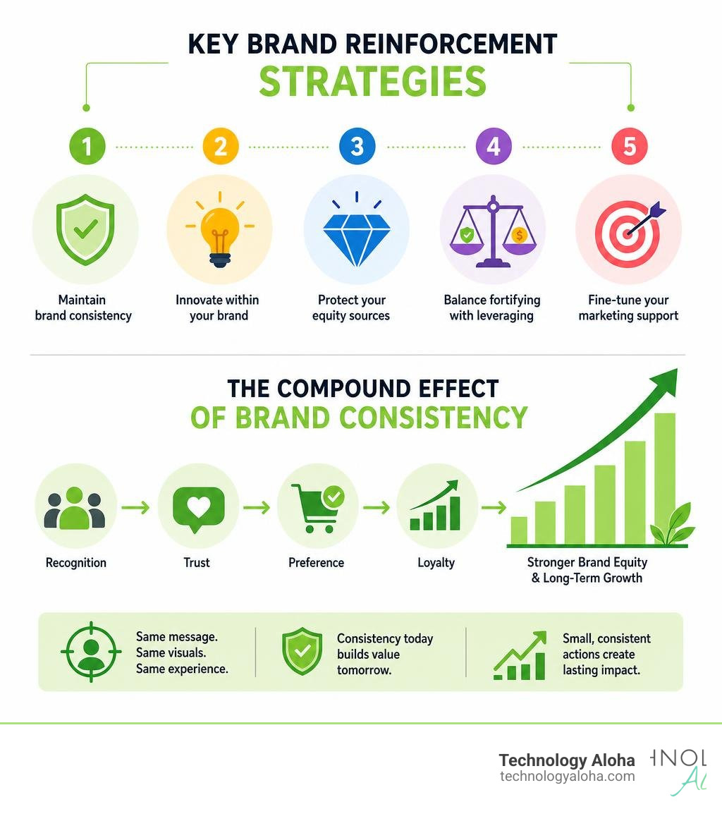 Infographic showing key brand reinforcement strategies and the compound effect of brand consistency infographic Infographic showing key brand reinforcement strategies and the compound effect of brand consistency infographic
