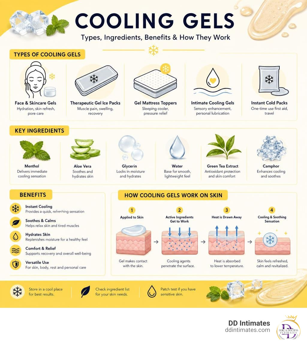 infographic showing cooling gel types ingredients benefits and how they work on skin infographic