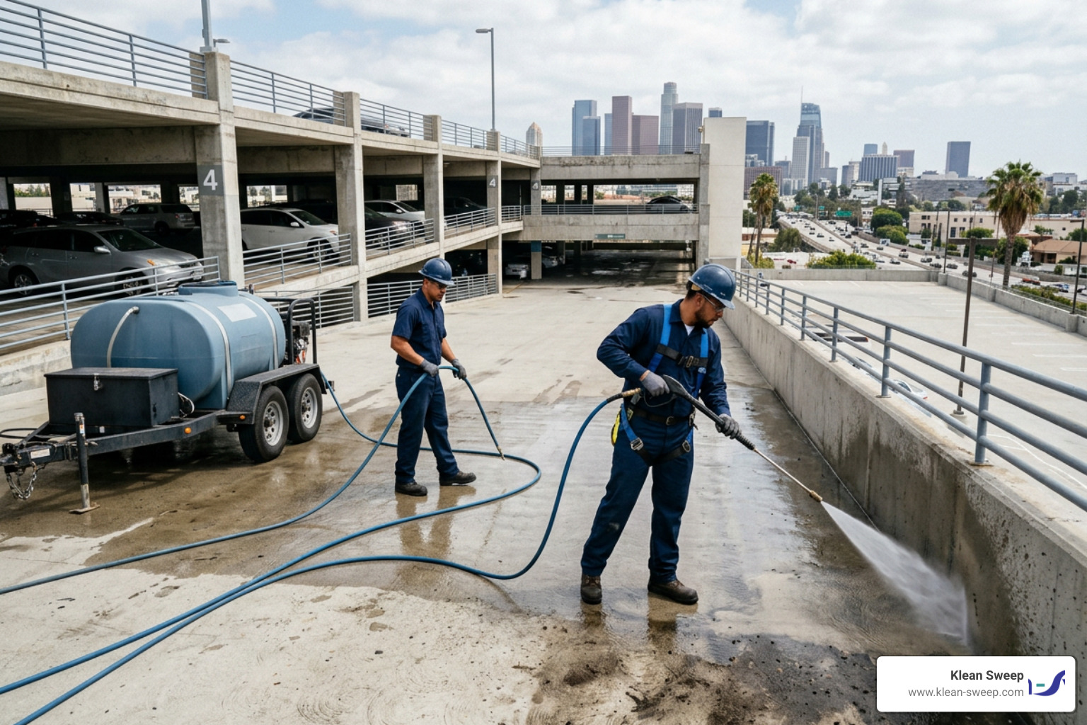 commercial pressure washing crew in blue uniforms cleaning a multi-story parking structure