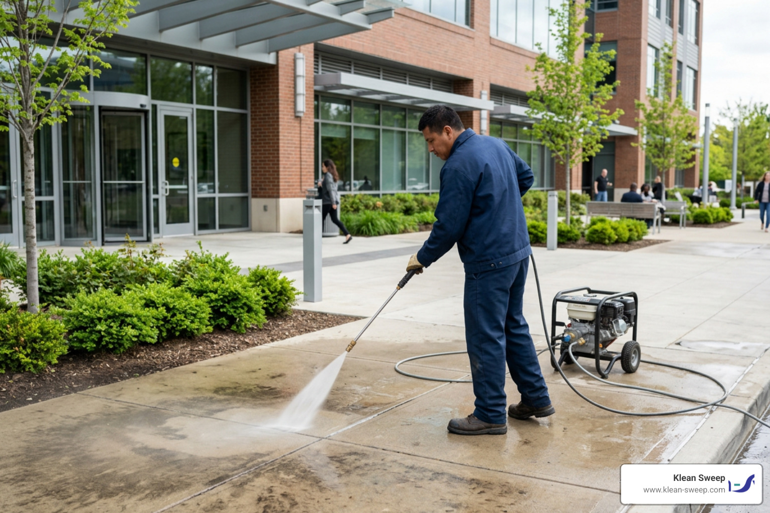 Exterior day porter in blue uniform pressure washing concrete sidewalk near commercial building entrance