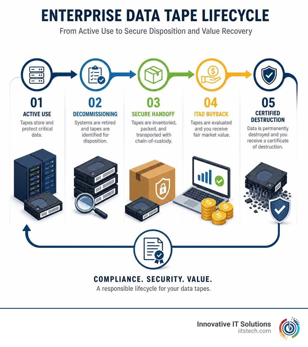 Infographic showing enterprise data tape lifecycle from active use through decommissioning to ITAD buyback and certified Infographic showing enterprise data tape lifecycle from active use through decommissioning to ITAD buyback and certified