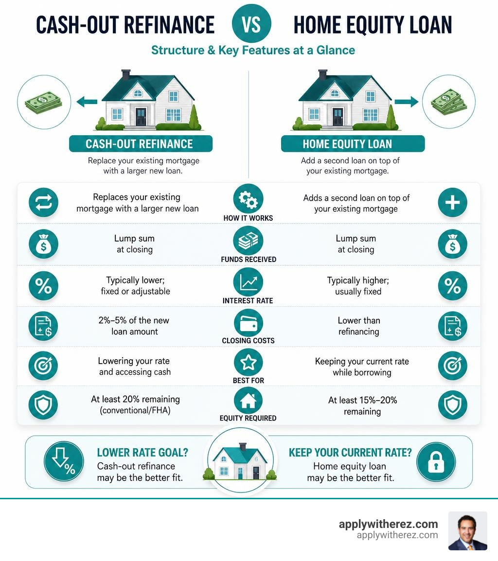 infographic comparing cash-out refinance vs home equity loan structure and key features infographic