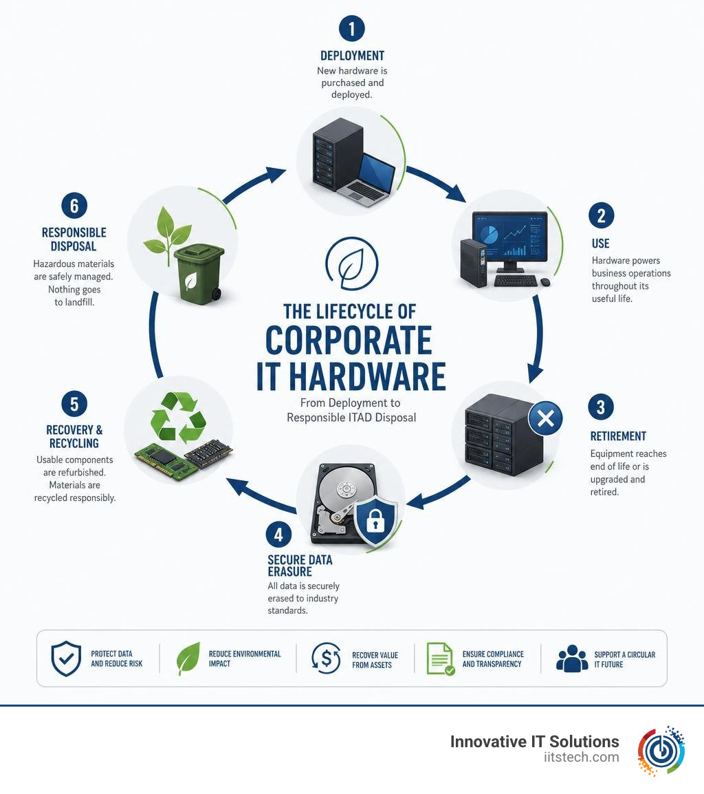 infographic showing the lifecycle of corporate IT hardware from deployment to responsible ITAD disposal infographic