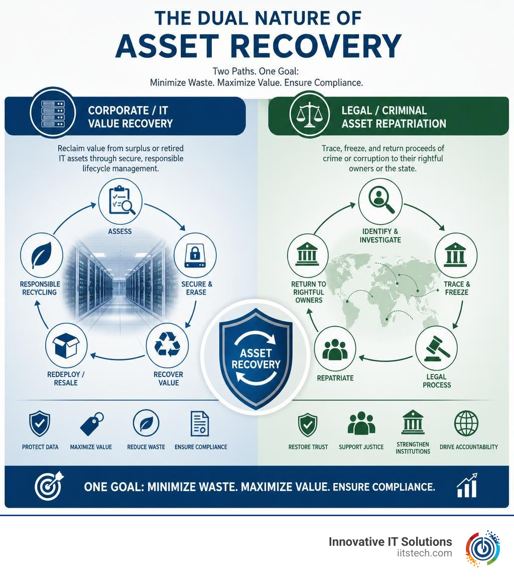 Dual nature of asset recovery: corporate IT value recovery vs criminal asset repatriation process infographic
