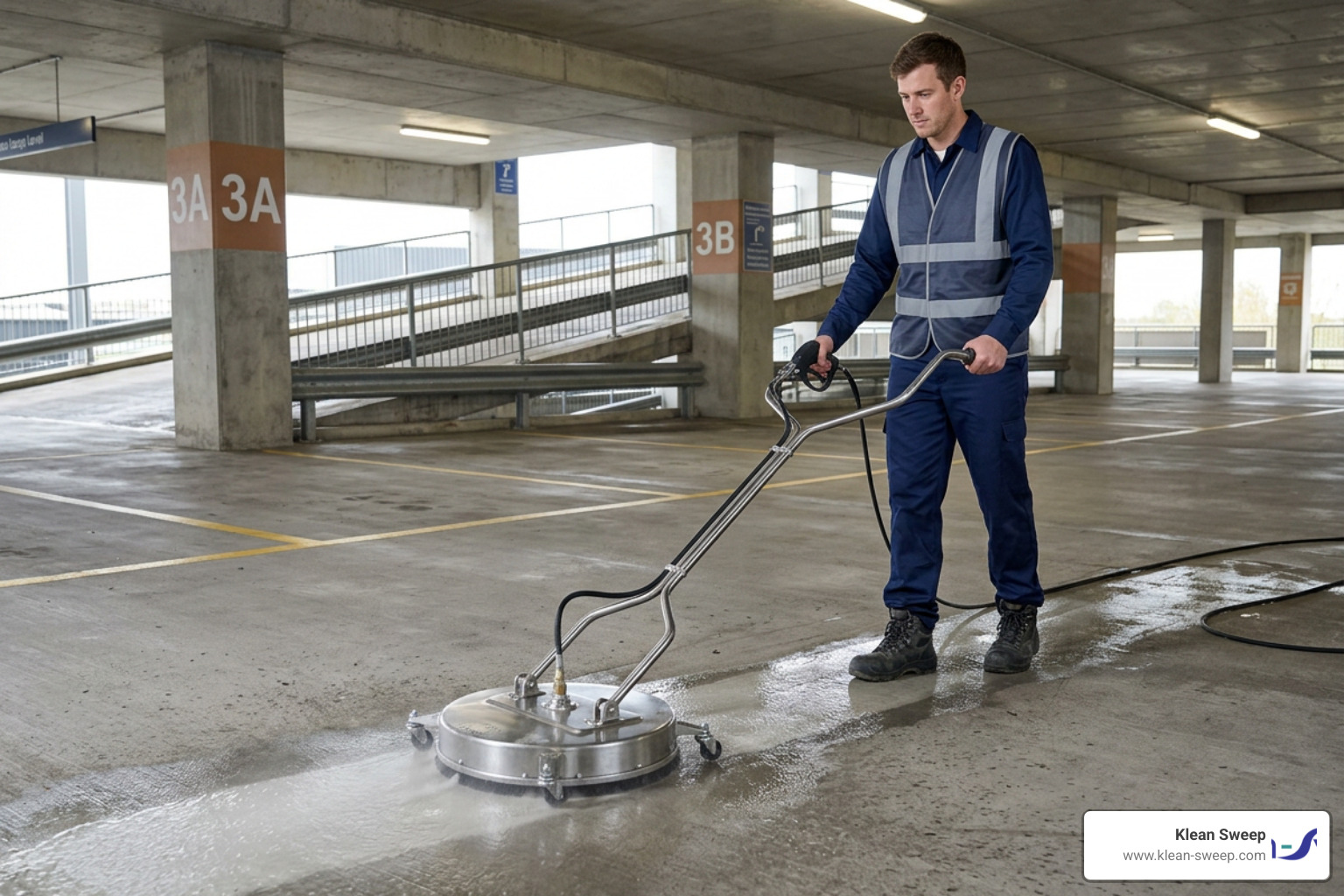 A professional technician in a blue uniform operating a flat surface cleaner on a commercial parking structure floor A professional technician in a blue uniform operating a flat surface cleaner on a commercial parking structure floor