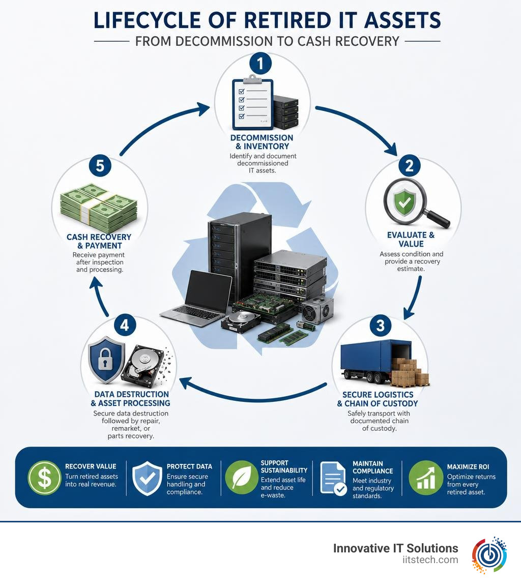 Lifecycle of retired IT assets from decommission to cash recovery infographic infographic Lifecycle of retired IT assets from decommission to cash recovery infographic infographic