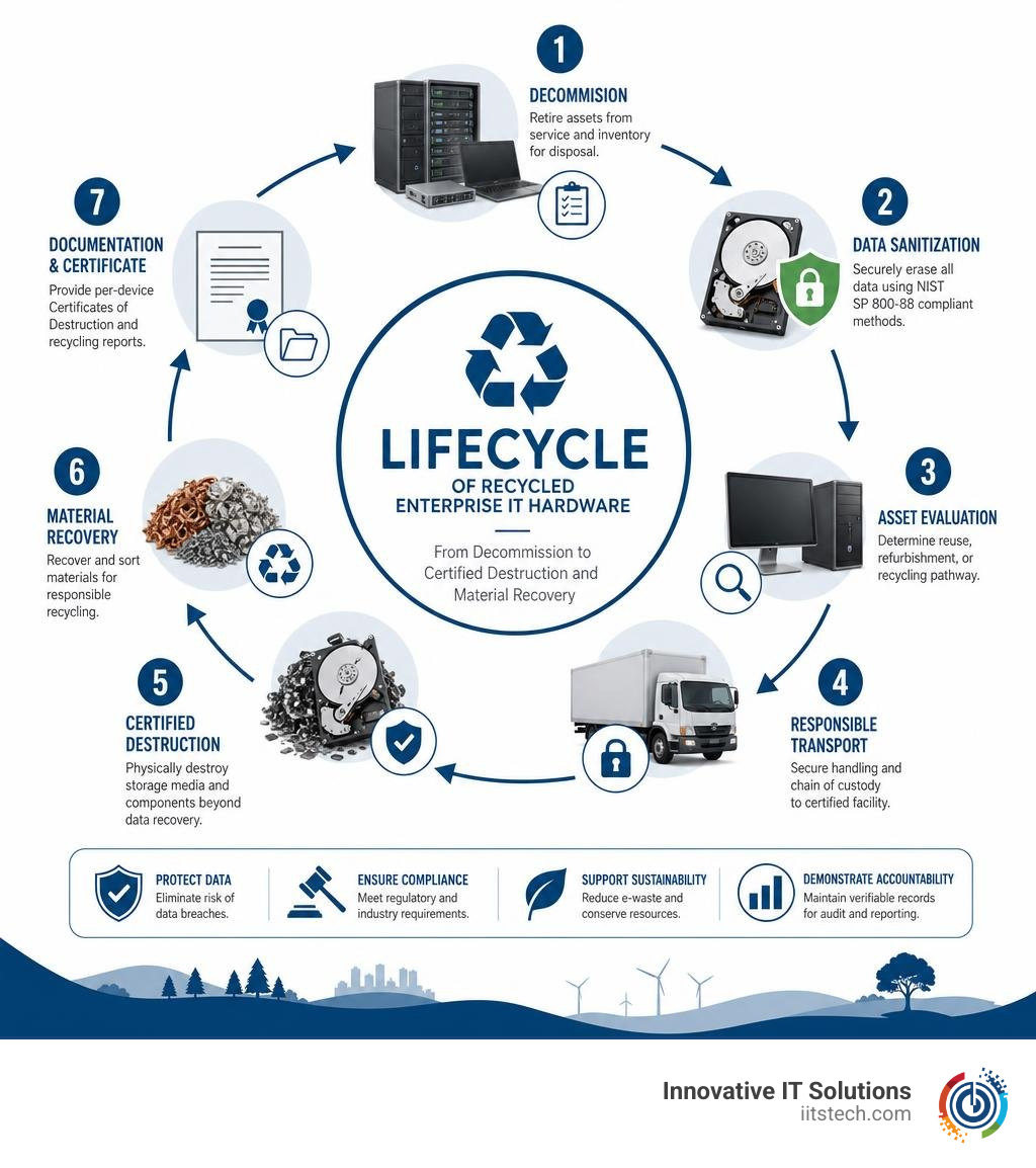Lifecycle of recycled enterprise IT hardware from decommission to certified destruction and material recovery infographic