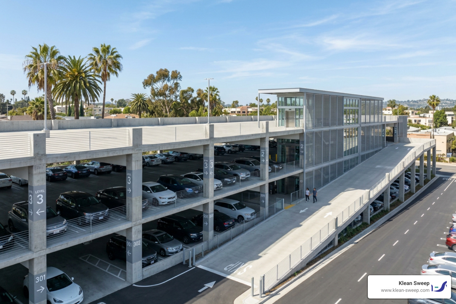 A clean, well-lit multi-level retail parking structure in Southern California, completely free of trash and debris A clean, well-lit multi-level retail parking structure in Southern California, completely free of trash and debris