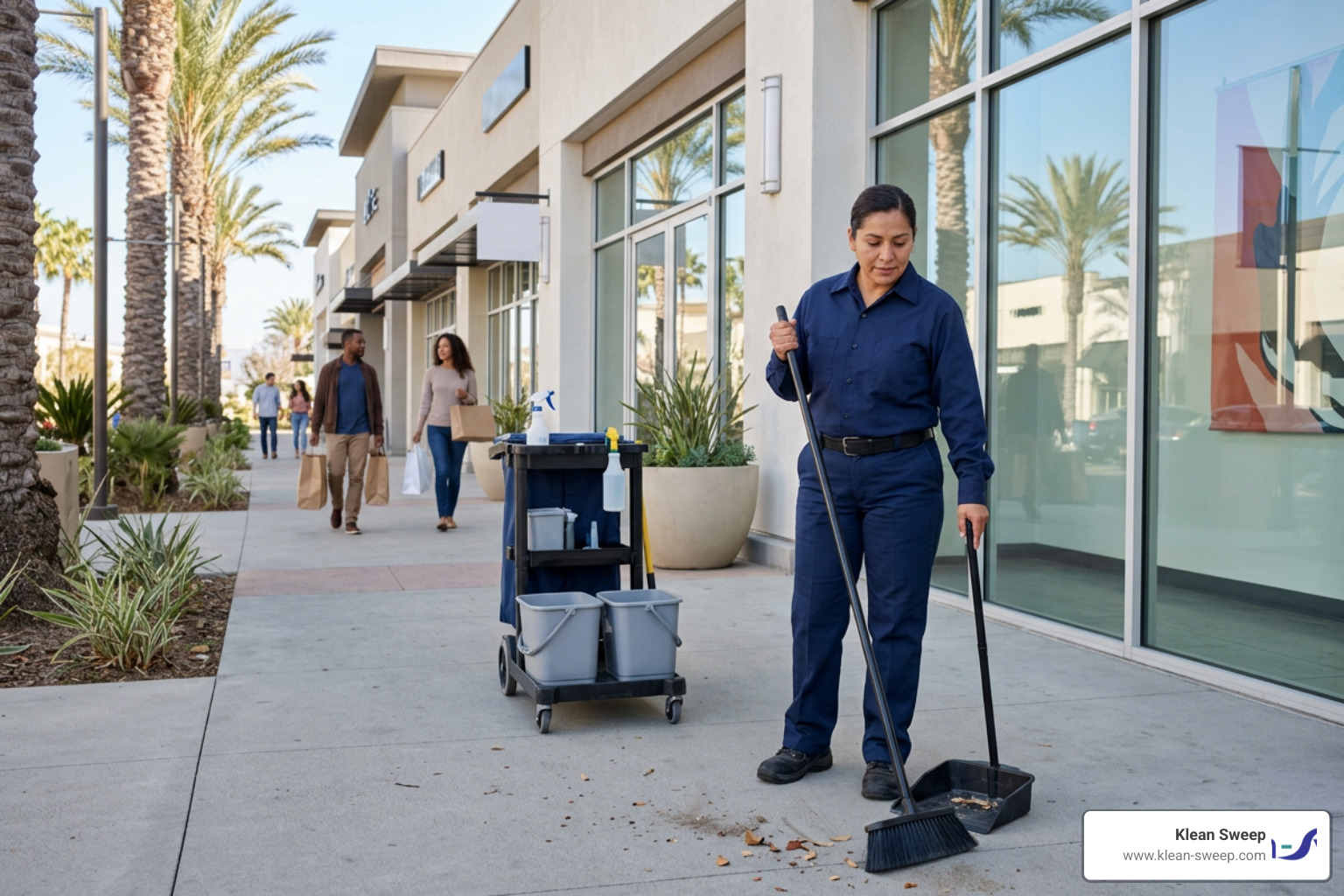 A professional day porter in a blue uniform sweeping a retail sidewalk outside a modern Southern California shopping complex A professional day porter in a blue uniform sweeping a retail sidewalk outside a modern Southern California shopping complex