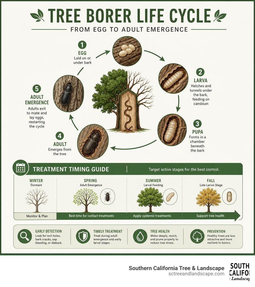 Tree borer life cycle from egg to adult emergence and treatment timing infographic infographic Tree borer life cycle from egg to adult emergence and treatment timing infographic infographic