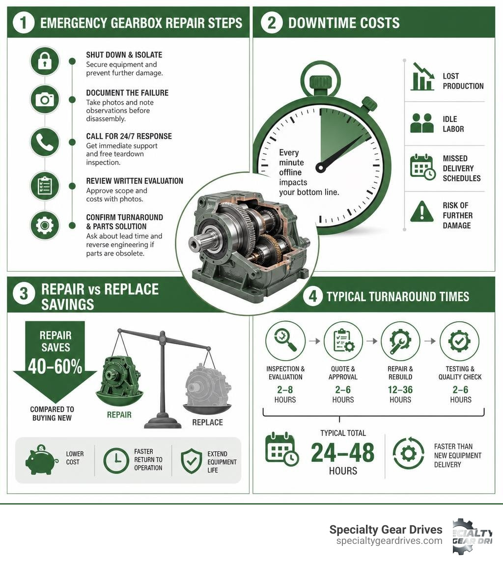 infographic showing emergency gearbox repair steps, downtime costs, repair vs replace savings, and turnaround times infographic showing emergency gearbox repair steps, downtime costs, repair vs replace savings, and turnaround times