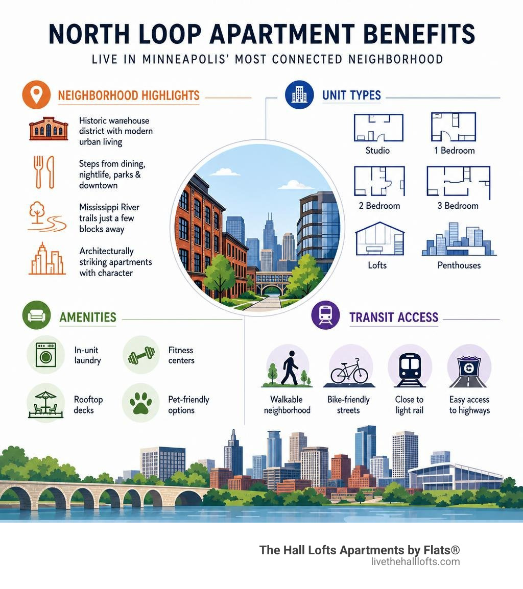 North Loop apartment benefits infographic: neighborhood highlights, unit types, amenities, and transit access infographic North Loop apartment benefits infographic: neighborhood highlights, unit types, amenities, and transit access infographic