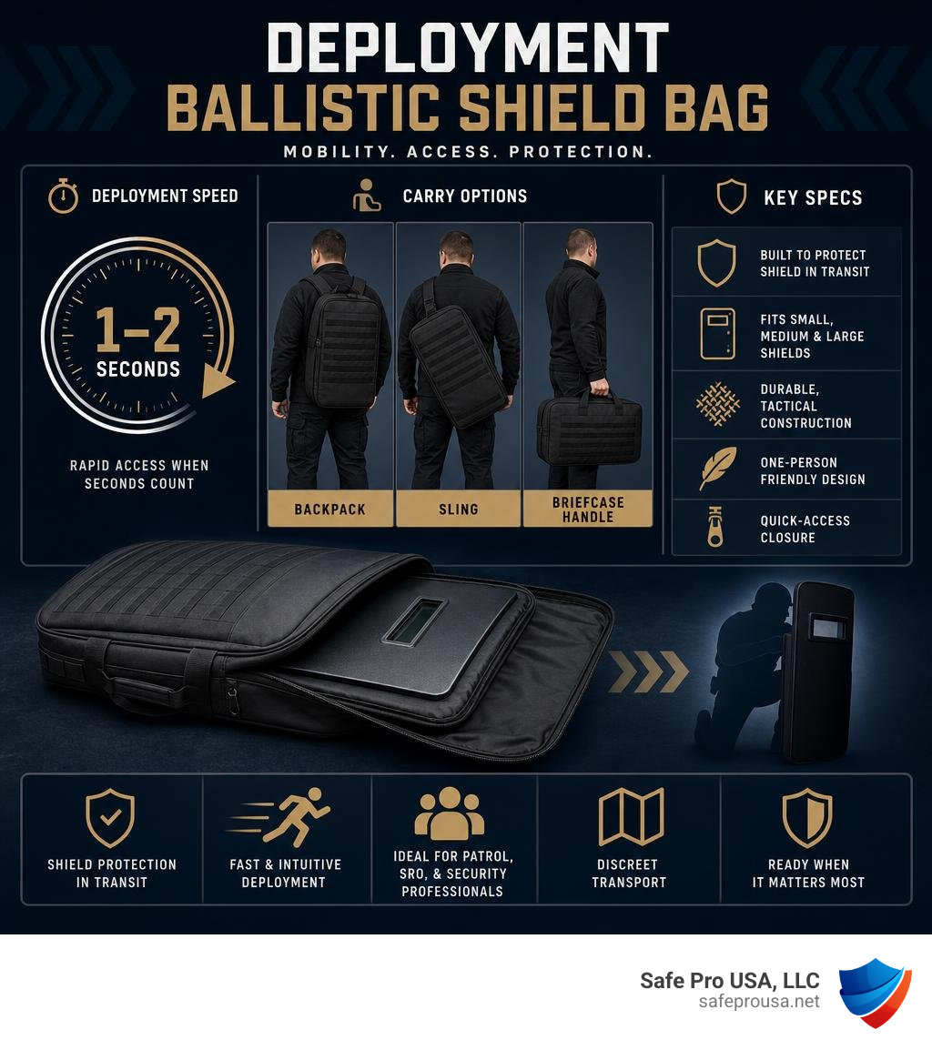 Infographic showing deployment speed, carry options, and key specs of a ballistic shield bag infographic Infographic showing deployment speed, carry options, and key specs of a ballistic shield bag infographic