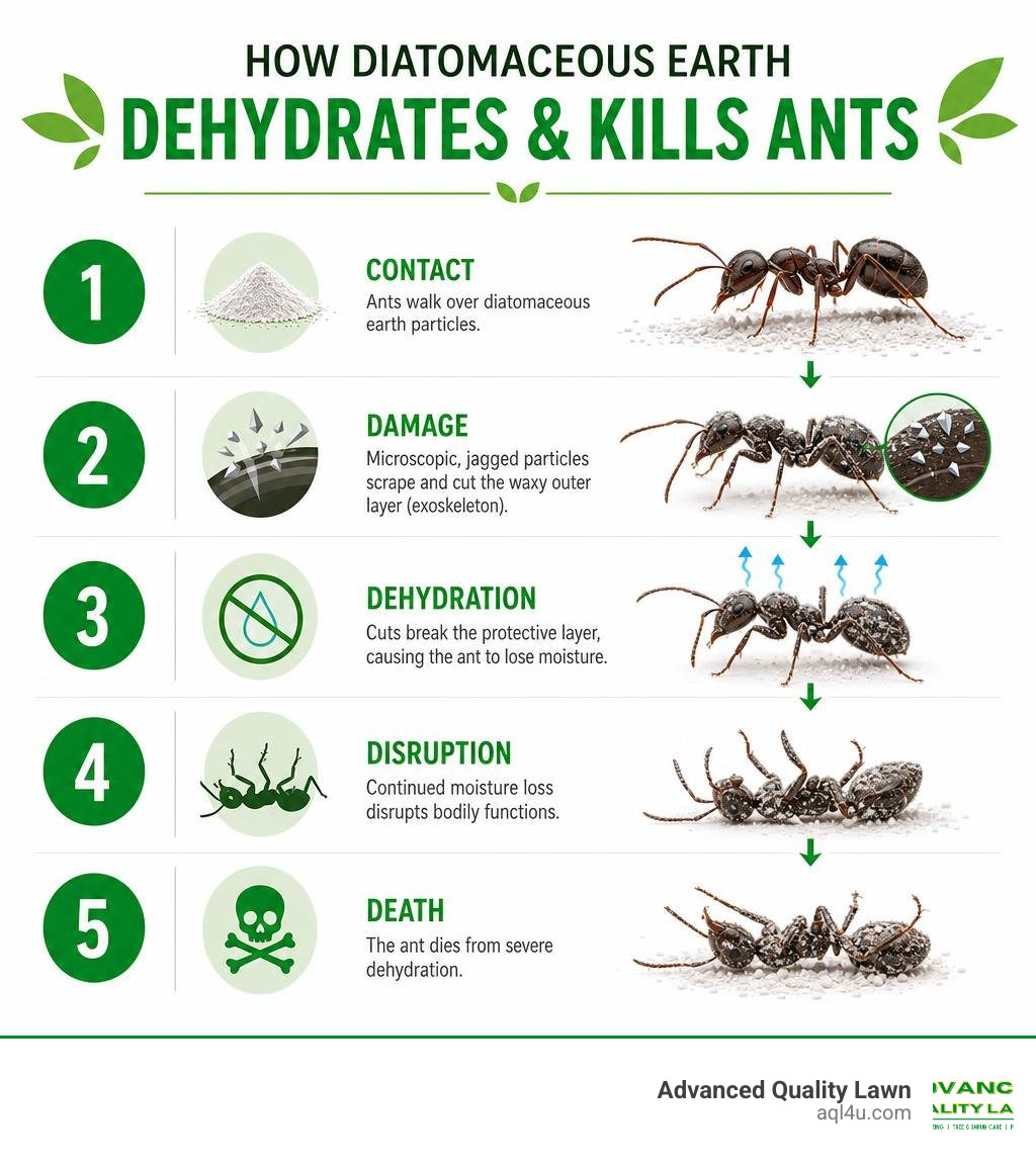 Infographic showing how diatomaceous earth dehydrates and kills ants step by step infographic