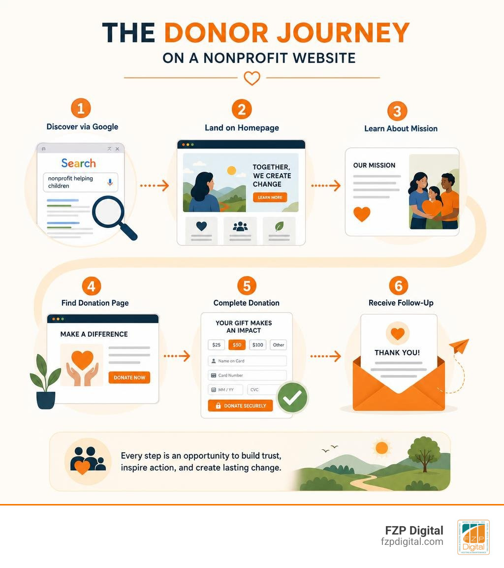 Infographic showing the donor journey on a nonprofit website: Discover via Google → Land on Homepage → Learn About Mission → Infographic showing the donor journey on a nonprofit website: Discover via Google → Land on Homepage → Learn About Mission →
