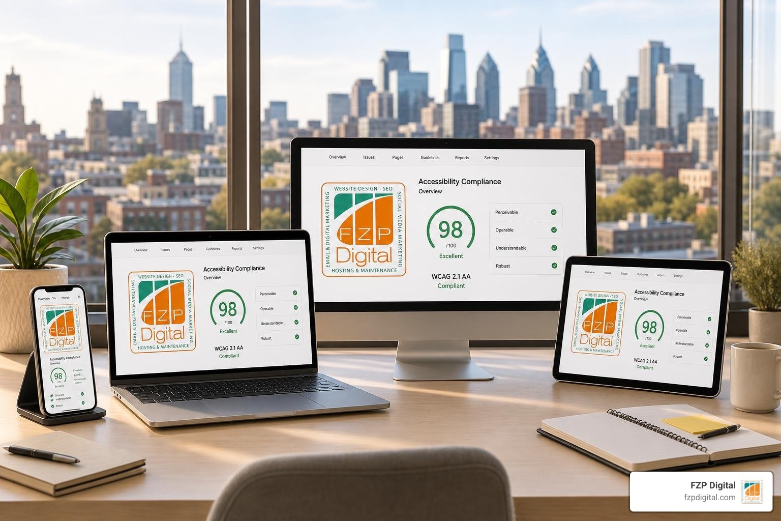 A website being tested for WCAG 2.1 AA accessibility compliance across multiple devices A website being tested for WCAG 2.1 AA accessibility compliance across multiple devices