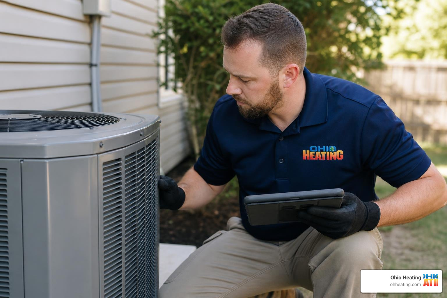 Realistic, high-quality photo of a professional AC technician wearing work gloves and a shirt with the 'Ohio Heating' logo