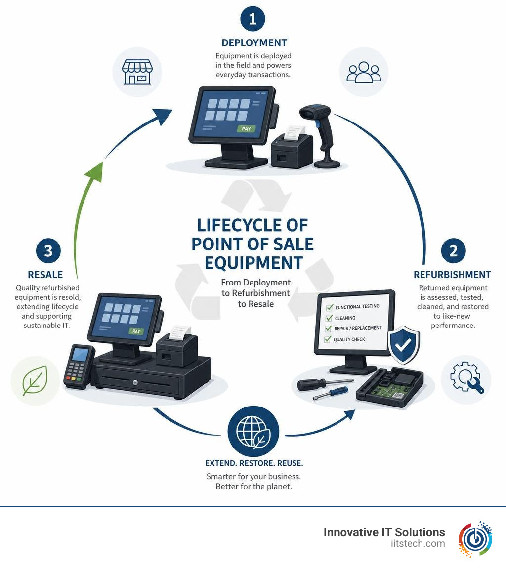 Lifecycle of point of sale equipment from deployment to refurbishment to resale infographic