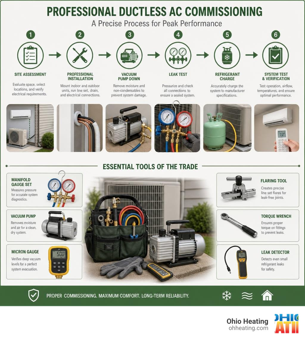 Infographic showing the essential tools and complex steps of professional ductless AC commissioning infographic Infographic showing the essential tools and complex steps of professional ductless AC commissioning infographic