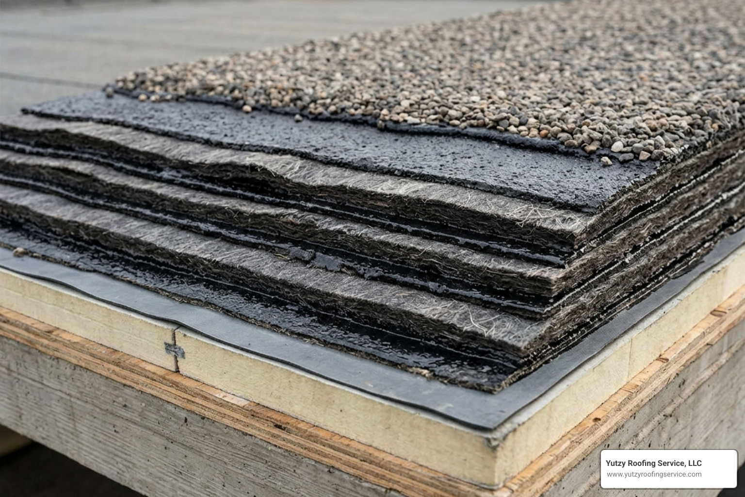 Cross section of a durable built-up roofing system showing multiple plies of felt and asphalt Cross section of a durable built-up roofing system showing multiple plies of felt and asphalt