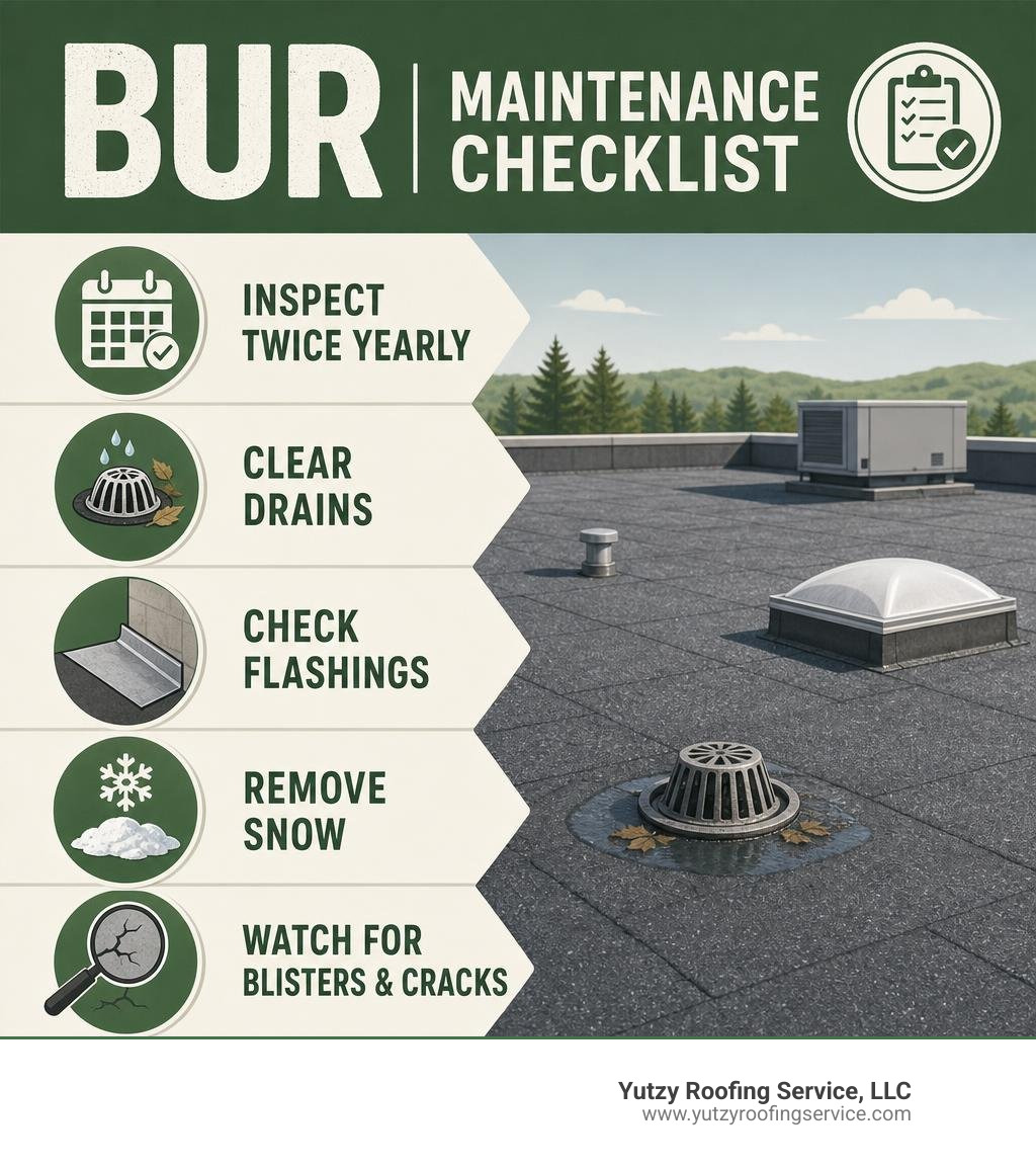 Infographic showing BUR maintenance checklist: inspect twice yearly, clear drains, check flashings, remove snow, watch for Infographic showing BUR maintenance checklist: inspect twice yearly, clear drains, check flashings, remove snow, watch for