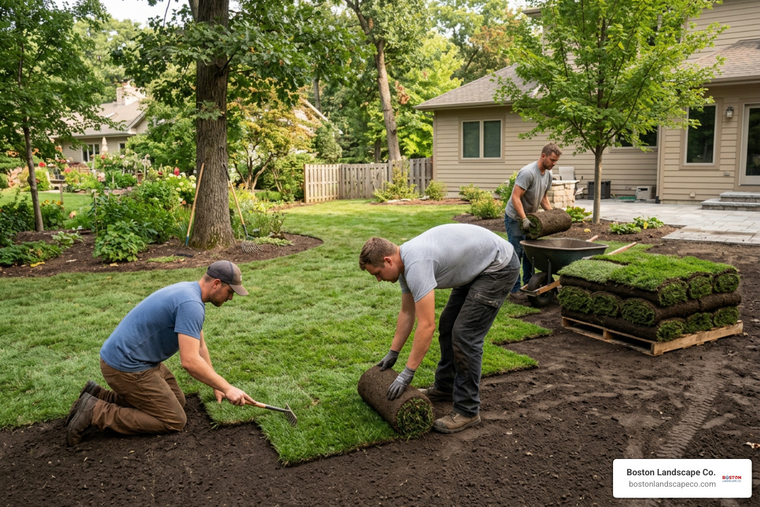 Professional landscape crew laying premium sod rolls on prepared soil