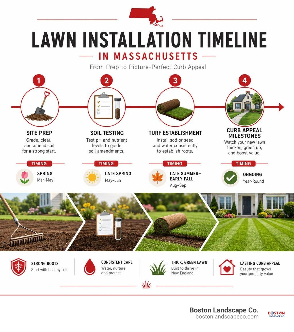 Lawn installation timeline in Massachusetts: site prep, soil testing, turf establishment, curb appeal milestones infographic