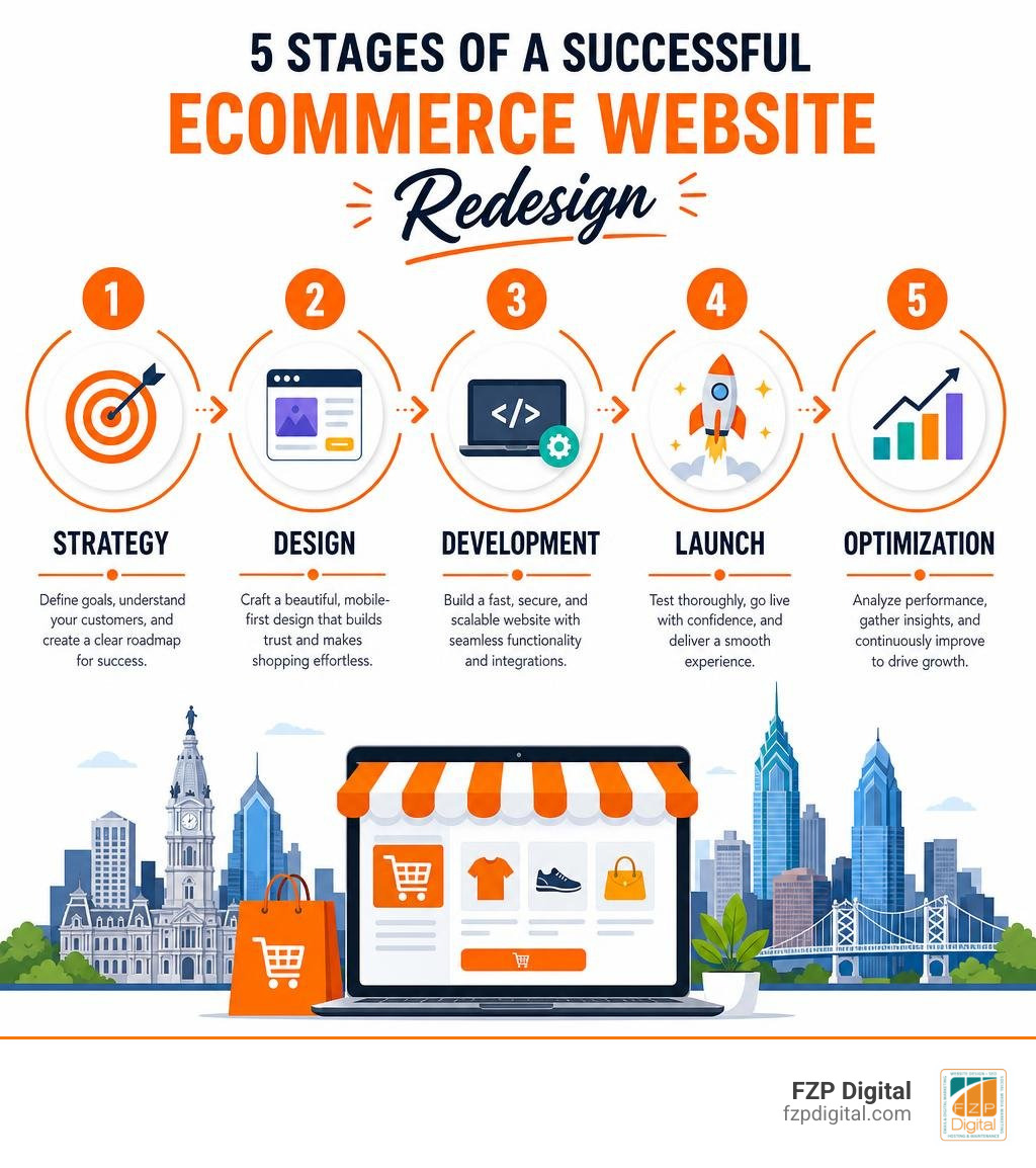 Infographic showing 5 stages of a successful ecommerce website redesign: Strategy, Design, Development, Launch, and Infographic showing 5 stages of a successful ecommerce website redesign: Strategy, Design, Development, Launch, and