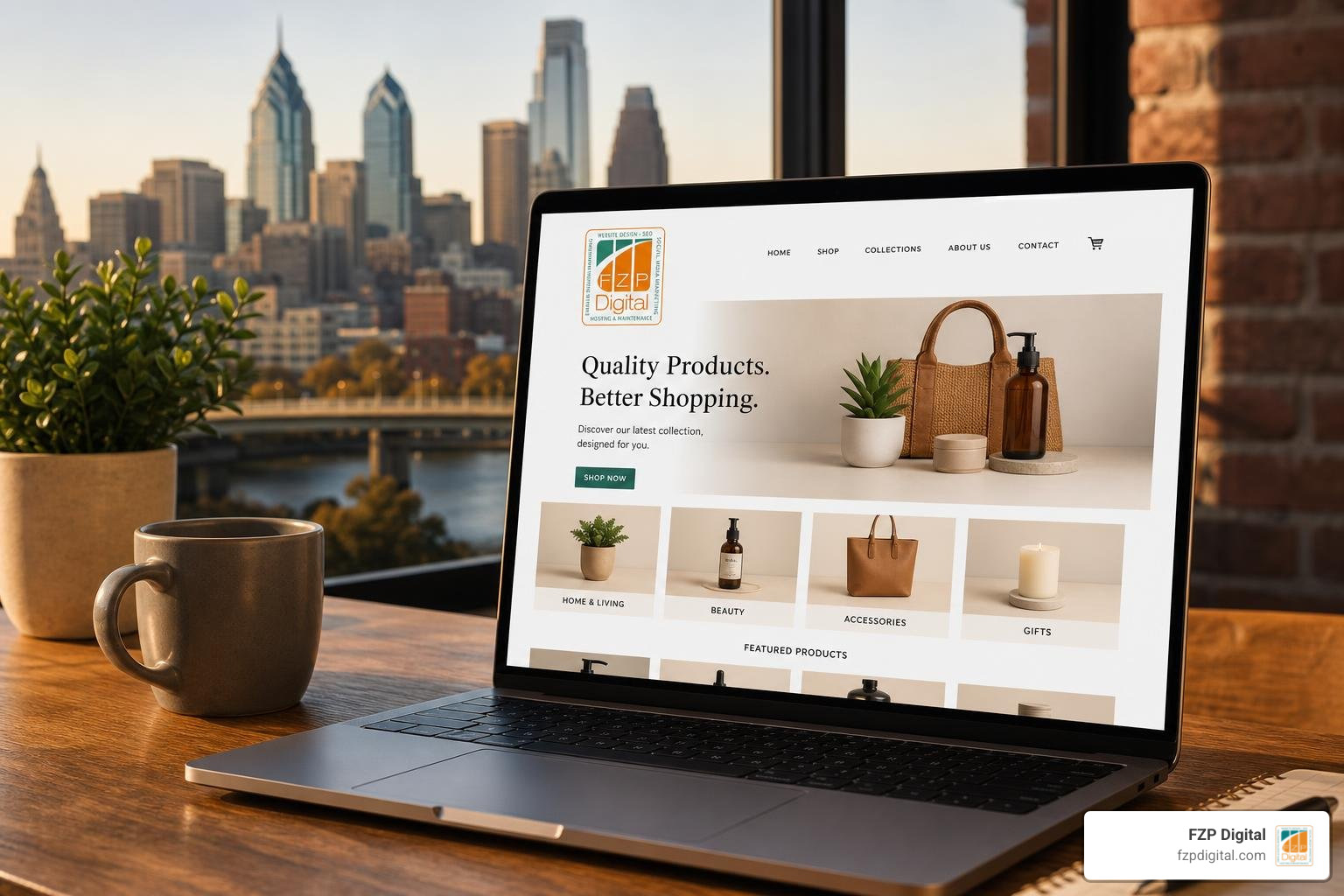 ecommerce website design philadelphia storefront on modern laptop with FZP Digital logo ecommerce website design philadelphia storefront on modern laptop with FZP Digital logo