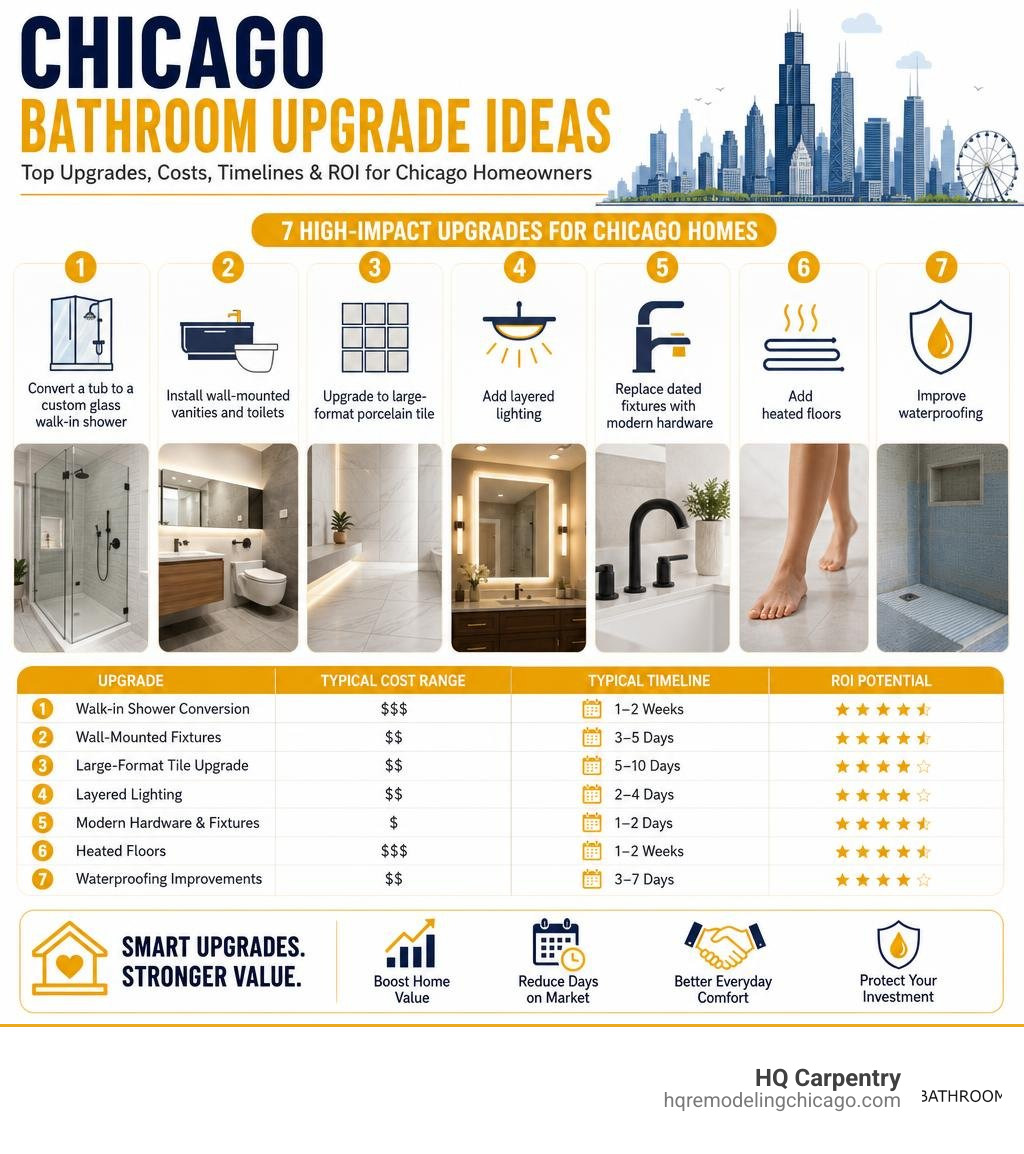 Chicago bathroom upgrade ideas infographic showing top upgrades, costs, timelines, and ROI for Chicago homeowners infographic