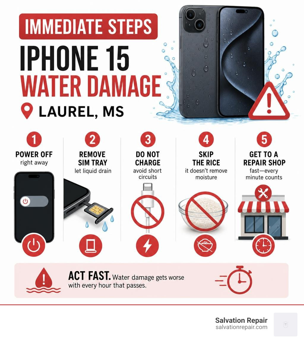 Immediate steps infographic for iPhone 15 water damage in Laurel MS infographic