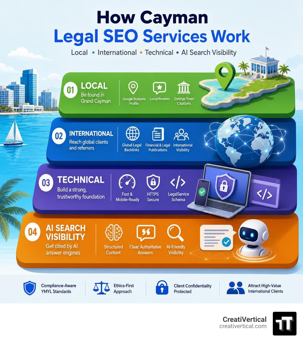 How Cayman legal SEO services work: local, international, technical, and AI search visibility layers infographic