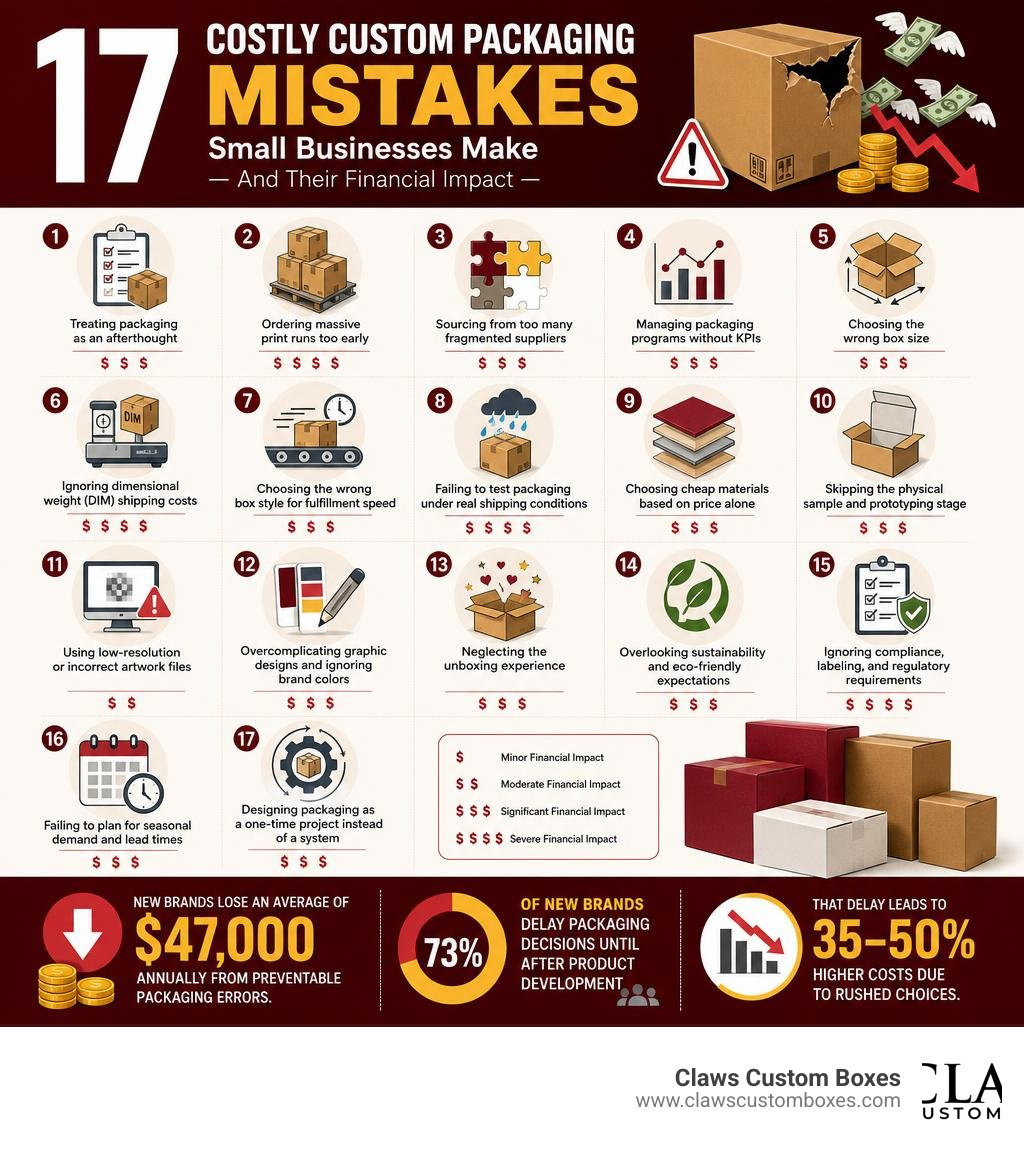 Infographic showing 17 costly custom packaging mistakes small businesses make and their financial impact infographic