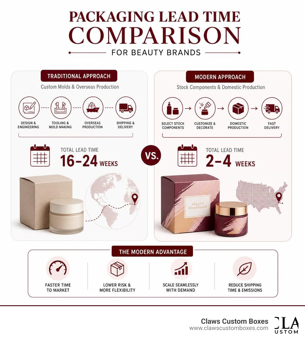 Infographic showing packaging lead time comparison for beauty brands infographic