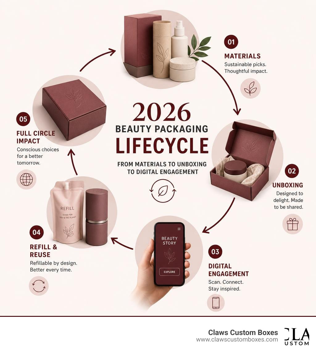 Infographic showing the 2026 beauty packaging lifecycle from materials to unboxing to digital engagement infographic