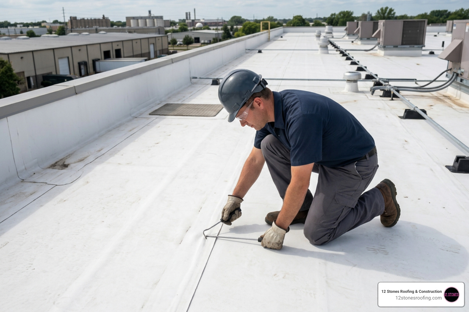 professional technician performing a physical seam-probe inspection on a commercial TPO roof