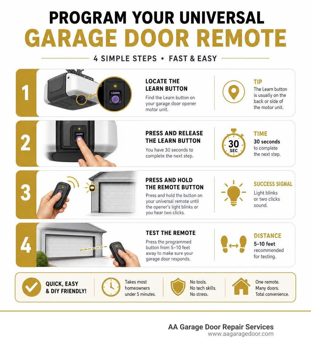 Infographic showing 4-step universal garage door remote programming process with timing and tips infographic