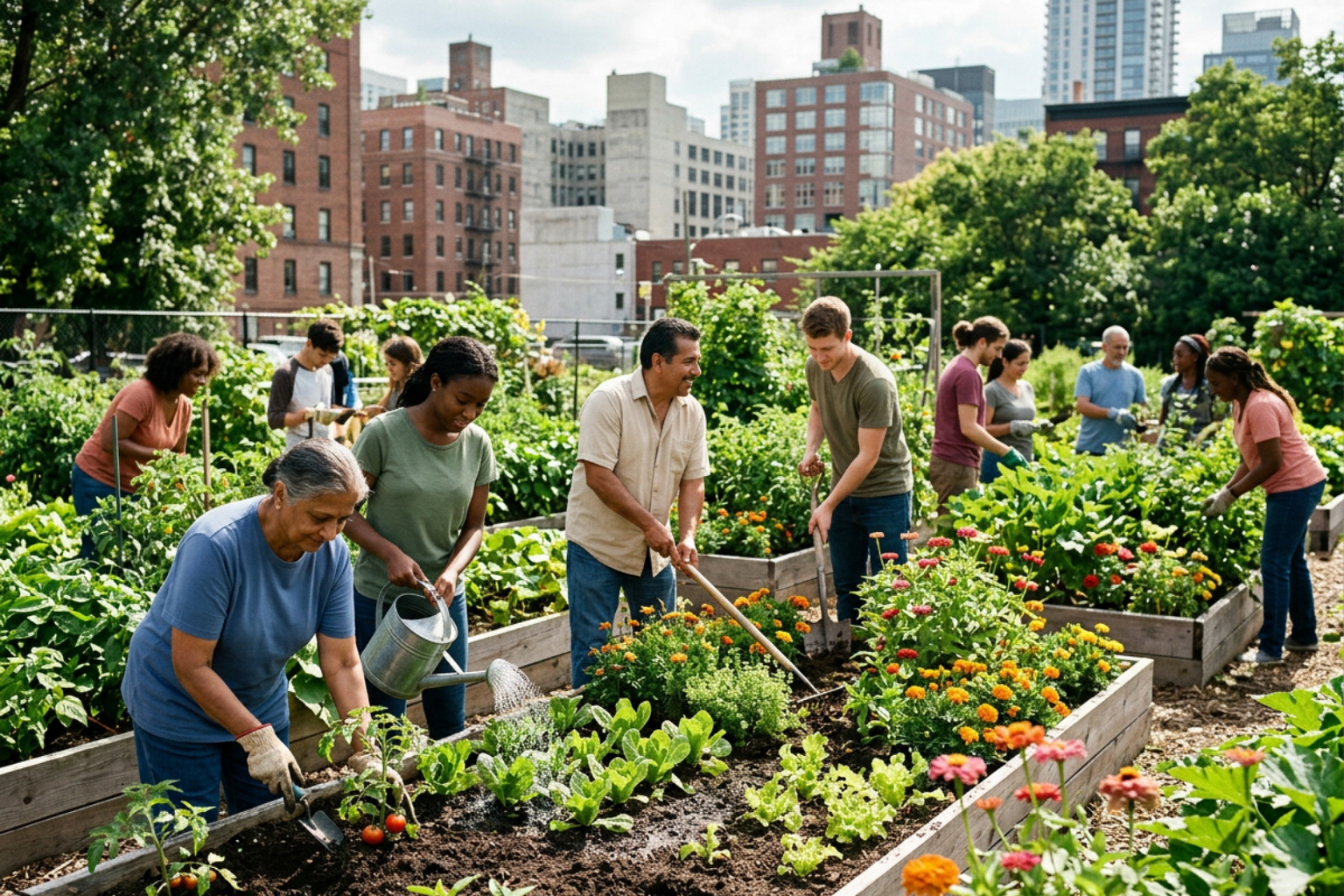 A diverse group of neighbors working together in a lush downtown community garden A diverse group of neighbors working together in a lush downtown community garden