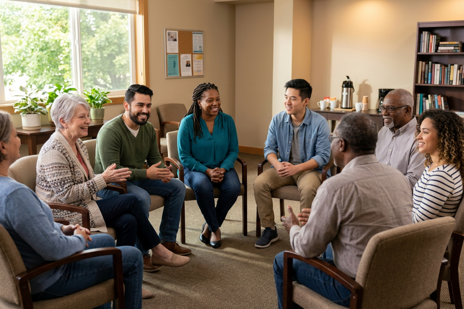 A diverse group of adults sitting in a circle of chairs chatting in a warm, welcoming community room A diverse group of adults sitting in a circle of chairs chatting in a warm, welcoming community room