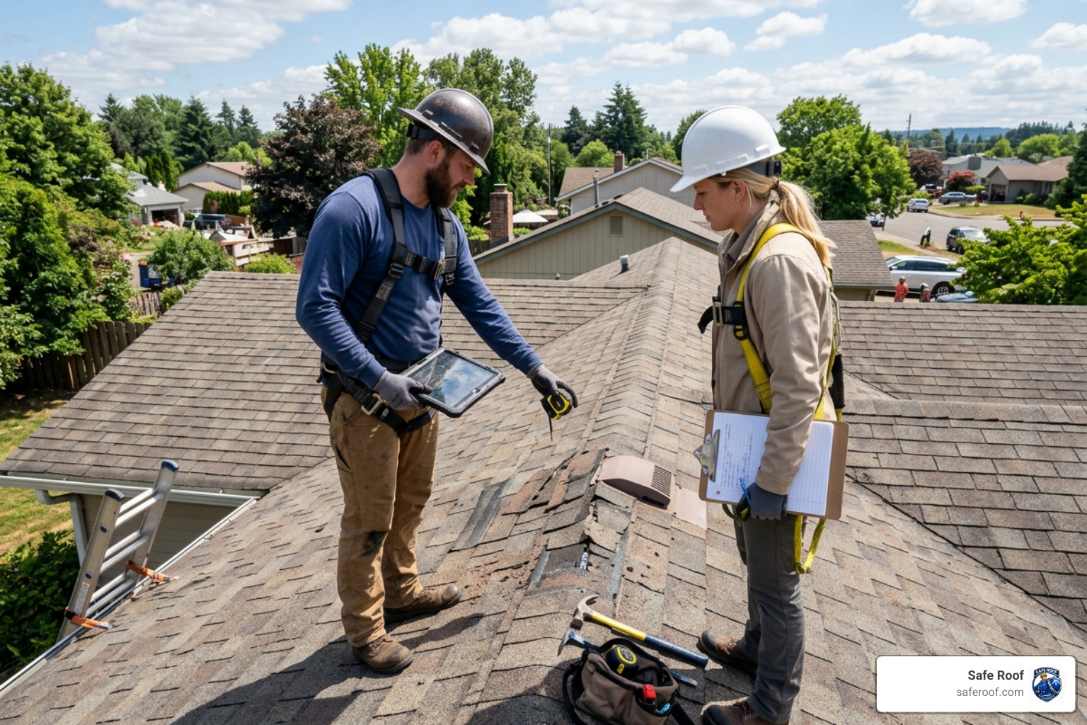a professional roofing contractor meeting with an insurance adjuster on a residential roof