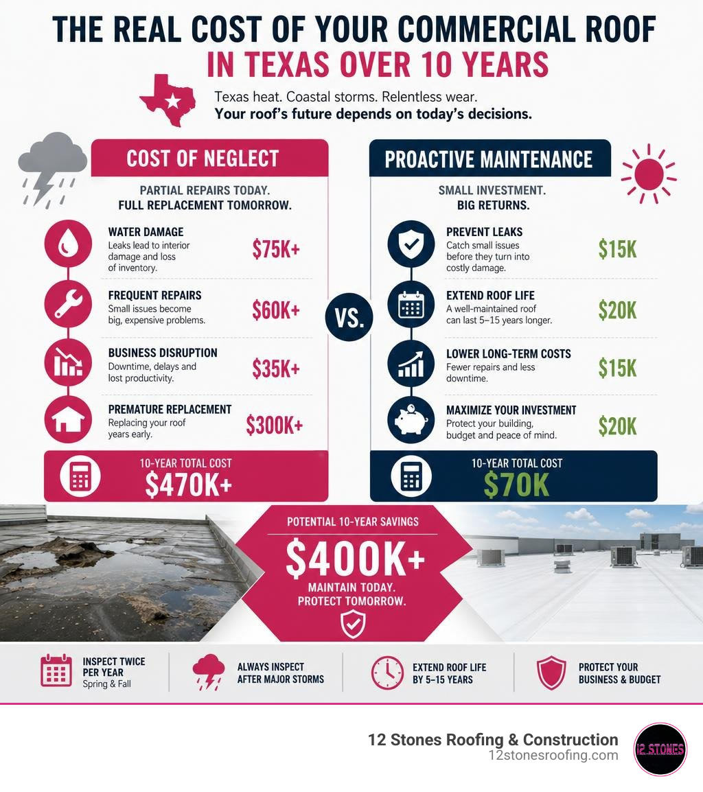 Infographic showing cost of neglect vs. proactive commercial roof maintenance in Texas over 10 years infographic