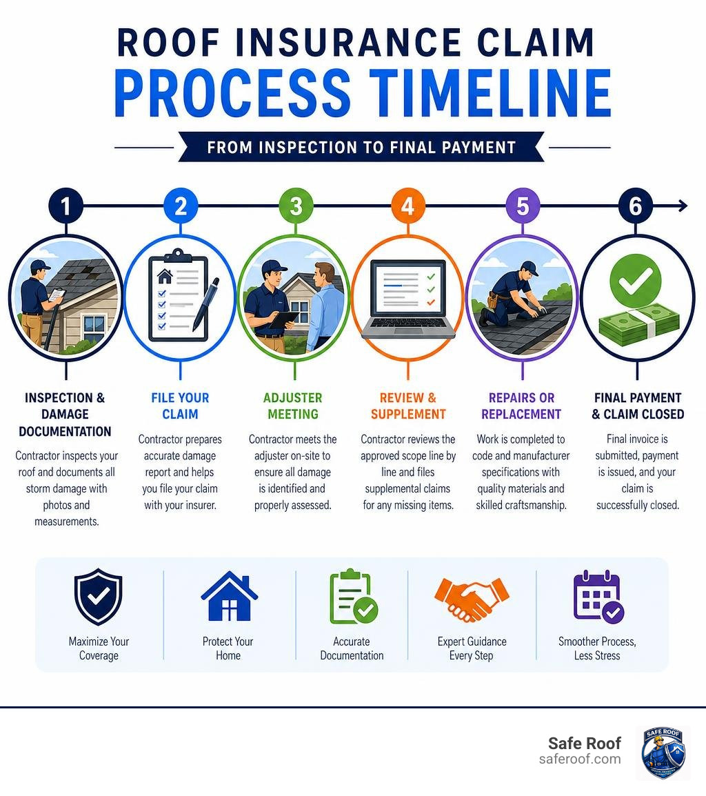 Roof insurance claim process timeline from inspection to final payment infographic
