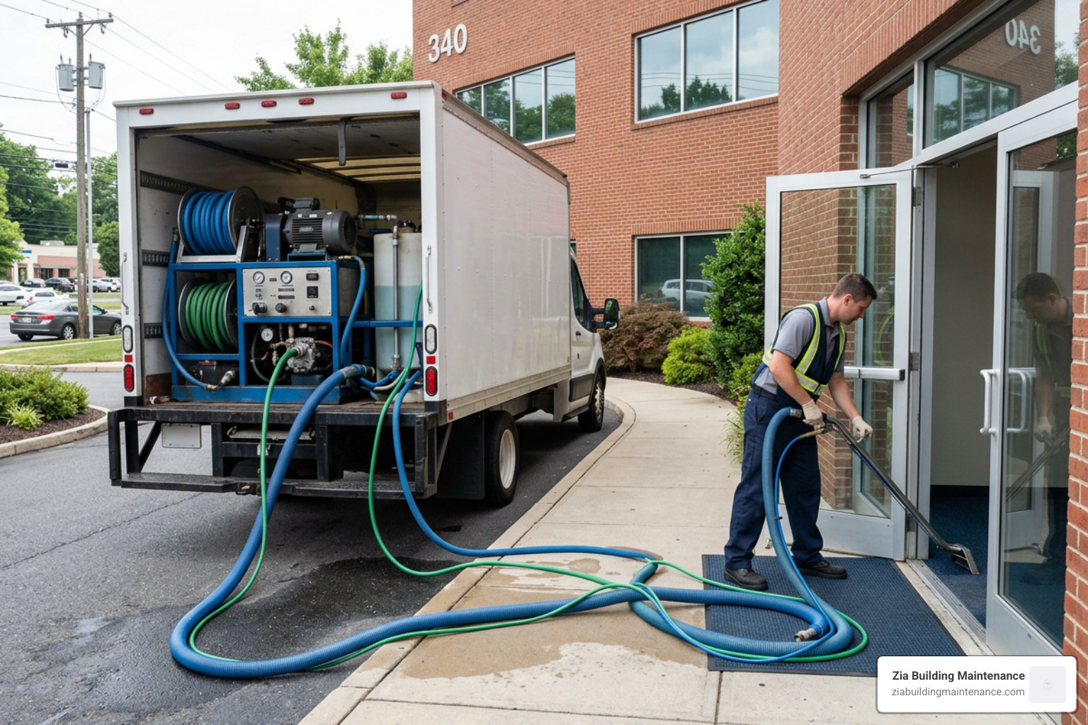 professional truck-mounted carpet cleaning equipment in action professional truck-mounted carpet cleaning equipment in action