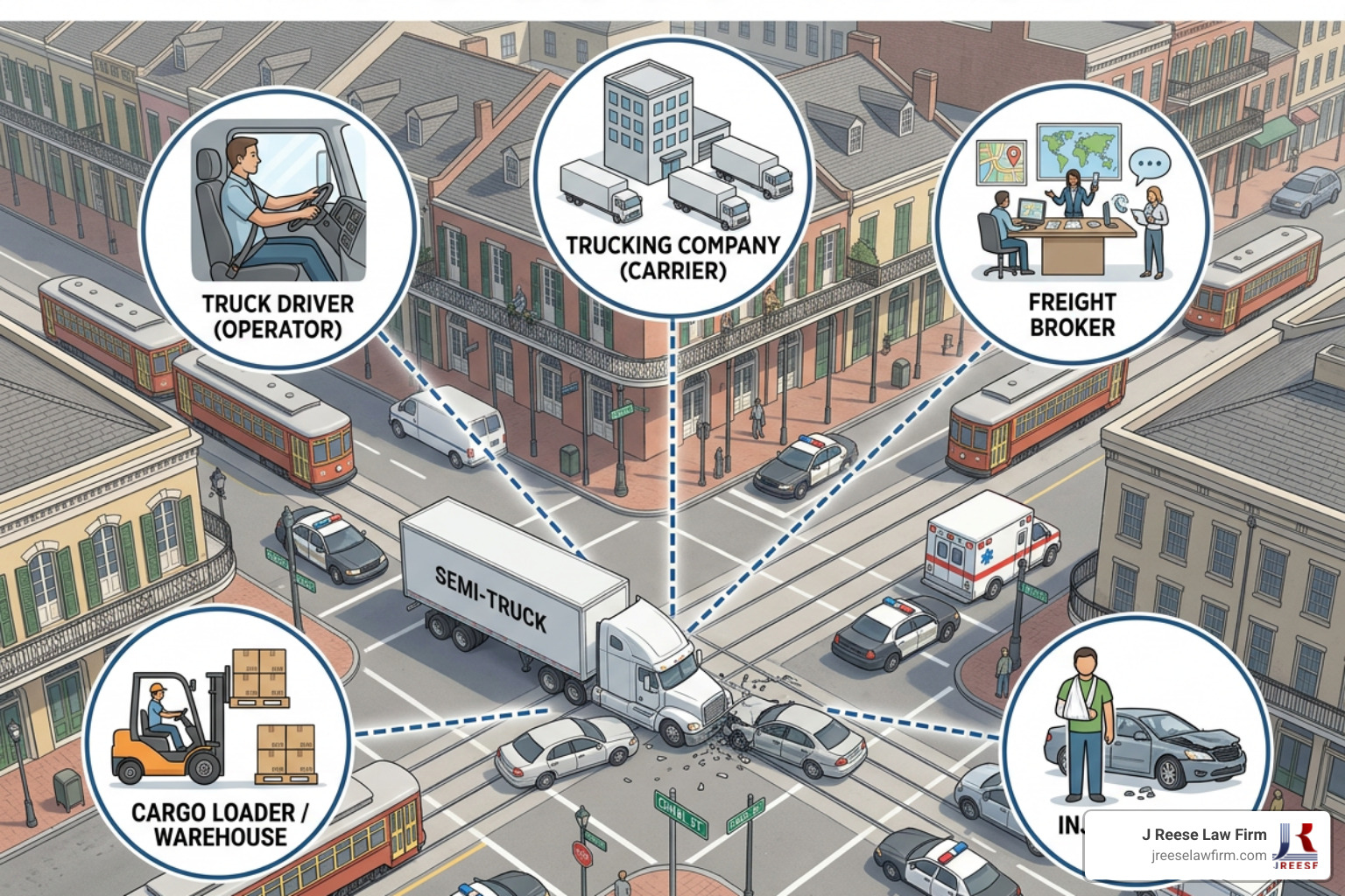 Diagram showing multi-party liability in New Orleans big rig accidents