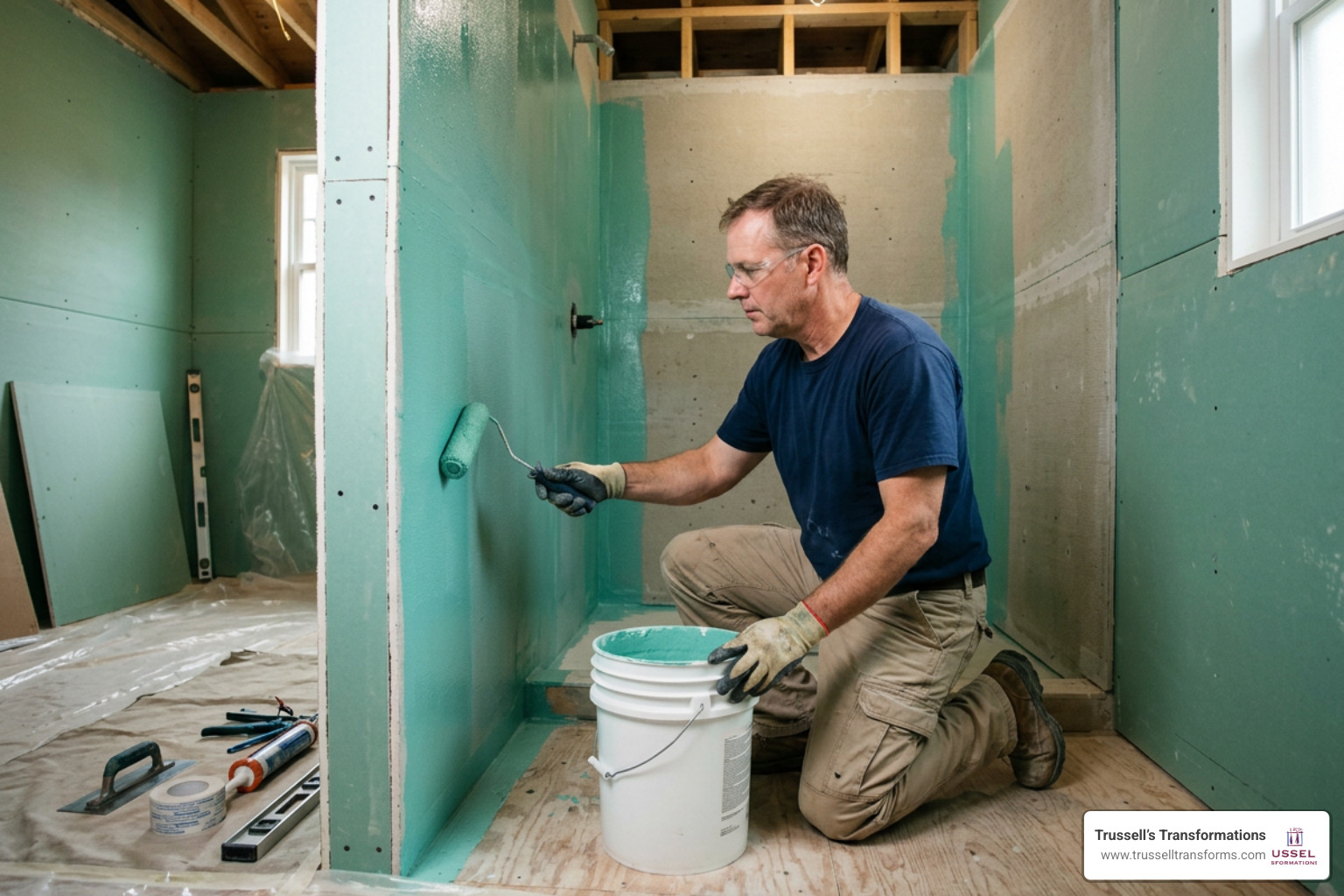 Professional Installer Applying Waterproofing Membrane To A Shower Wall Before Tiling Professional Installer Applying Waterproofing Membrane To A Shower Wall Before Tiling