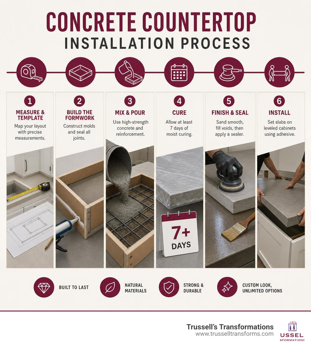 Step-By-Step Concrete Countertop Installation Process From Forming To Sealing Infographic